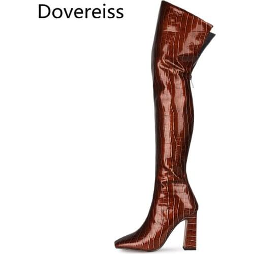 Dovereiss Fashion Womens Shoes Winter Square toe Sexy Elegant Chunky heels Back zipper Over the knee boots Concise Mature 45