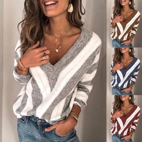 Women Deep V Neck Sweaters Casual Striped Long Sleeve Knitted Jumper Blouse Tops Autumn Winter Soft Warm Pull Pullover Plus Size