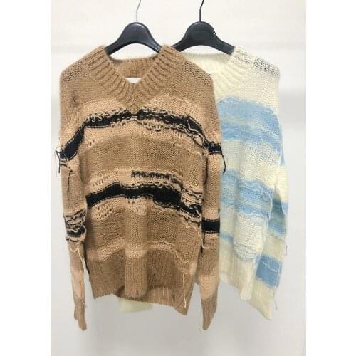 Women Sweater Sweden 2021 Early Spring New Asymmetrical Contrast Stripe Ripped Wool Sweater Pullover V-neck