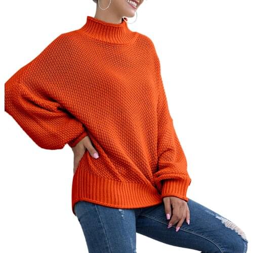 Womens Simple Style Sweater Solid Color High Neck Long Sleeve Balloon Shirt Knitwear Autumn And Winter