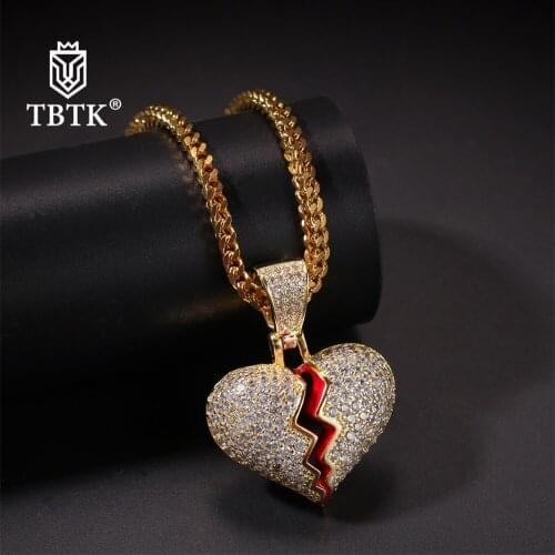 TBTK Wholesale Gift Classic Copper Scars Zirconia Jewelry Gold Chain Iced Out Broken Heart Couple Pendant Necklace Men Trendy