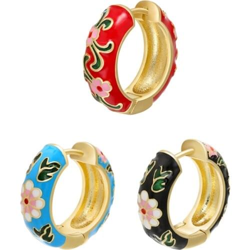 1 Piece Chunky Hoop Earrings Flower Painting Jewelry Enamel Circle Round Shape CZ Gold Color Earring Black Red Blue Flower New