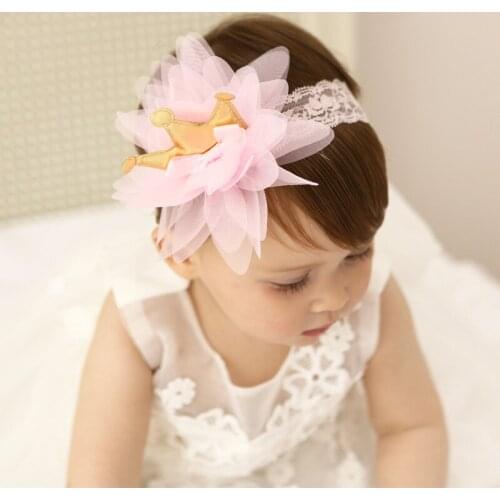 10pcs Fashion Cute PU Tiaras Soft Hairbands Solid Kawaii Crown Gauze Floral Newborn Headbands Headwear Accessories Pink Gold