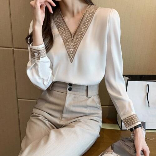 Shirt Long Sleeve Embroidery White V-neck Chiffon Blouse Shirt for Work