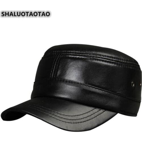 SHALUOTAOTAO Adjustable Size Genuine Leather Hat Quality Sheepskin Military Hats For Men Autumn Winter Trend Brands Flat Cap New
