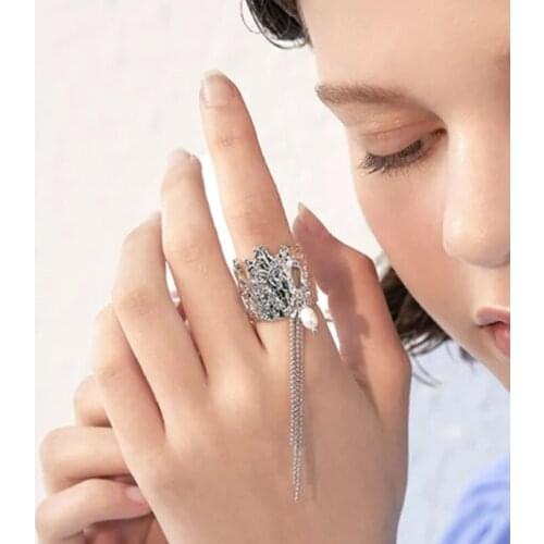 Docona Bohemian Pearl Tassel Opening Rings for Women Irregular Geometry Hollow Alloy Metal Gold Single Ring Jewelry кольца 19971