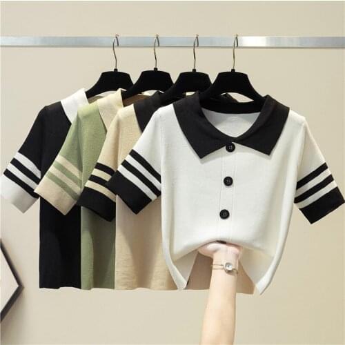 Peter Pan Collar Jumpers Crop Sweater Button Tees Pullover Blouse Short Sleeve Tops Sueter Mujer Women Patchwork Shirts