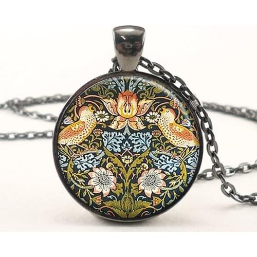 William Morris Strawberry Thief Art Pendant Art Picture Woman Jewelry Handmade Cabochon Necklace Art Nouveau Birthday Gift Round