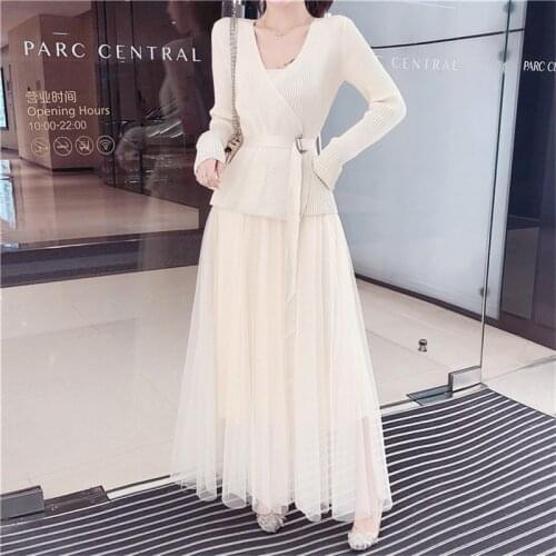 Fashion Two-piece Suits 2021 Spring New Sweet Strap Mesh Dress&knitted Pullover 2 Pieces Outfits for Women Fairy Skirt Sets