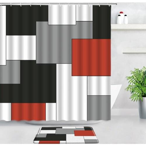 European Geometric Pattern Shower Curtains Bath Mats Set Black White Gray Red Creative Design Bathroom Rugs Non-slip Carpet Pads