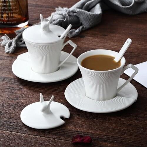 Set of 4 White Ceramic Coffee Cup with Lid and Plate Saucer Spoon Milk Mug Coffeeware Drinkware Tea Water Container Organizer