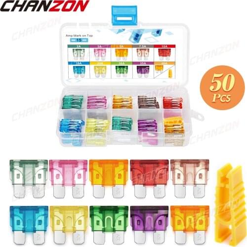50pcs Car Fuse Set ATC Auto Blade 2A 3A 5A 7.5A 10A 15A 20A 30A 35A 40A Fast Blow Motorcycle Automotive Small Motor Assorted Kit