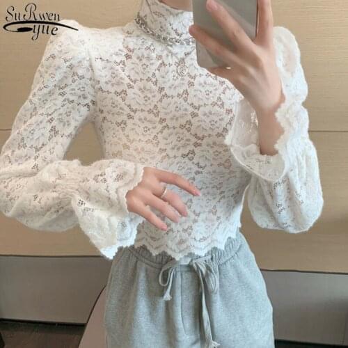 2021 Spring New Casual Floral Women Shirt Sexy Lace White Blouse Puff Sleeve Shirts Turtleneck Short Corset Top Blusas 12710