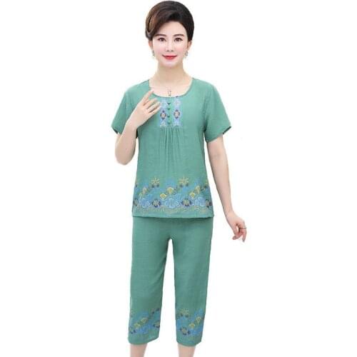 Womens Summer Cotton Linen Thin T-shirt + Pants Suit Spring Autumn Mother Pajamas Womens Large Size Loose Home Service A223