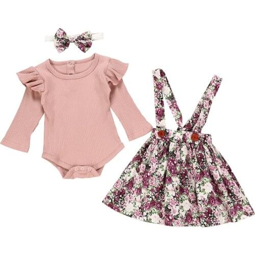 Casual Toddler Newborn Baby Girl Clothes Suit Long Sleeve Romper Top+Strap Dress Skirt+Headband Kids Clothing Infant Outfits Set