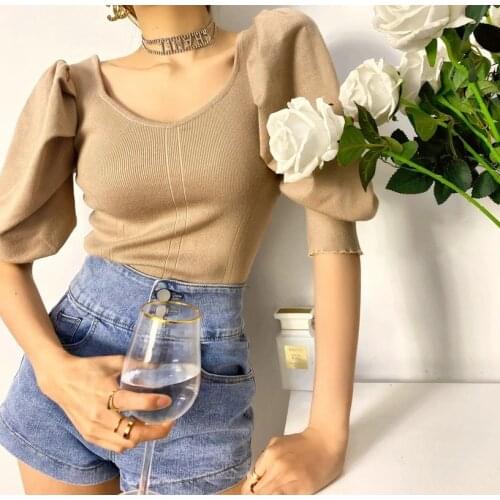 Summer Korean Puff Sleeve Kahaki Knitted Pullovers Womens Luxury Style Vintage Female Solid Sweaters Retro New Knitted Tops 2021