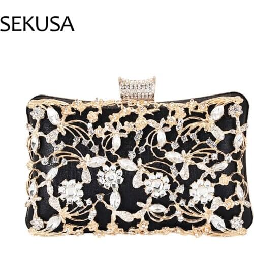 PU Luxury Women Day Clutch Rhinestones Evening Bags Flower Diamonds Hollow Out Handbags Party Purse