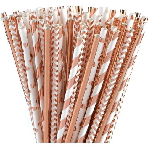 Rose Gold Bulk Metallic Foil Striped Wave Heart Paper Straws Birthday Party Supplies Wedding Bridal Baby Shower Celebrations