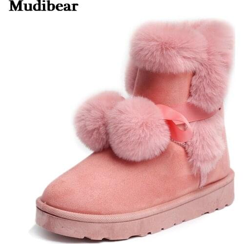 Mudibear Women Thick Fur Boots Casual Yarn Elastic Round Toe Winter Snow Boots Cute Warm Slip on Thick Flat Platform Sock Boots