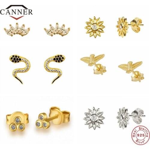 CANNER Real 925 Sterling Silver Stud Earrings for Women CZ Zircon Small Cute Fashion Piercing Earring Earings Jewelry pendientes