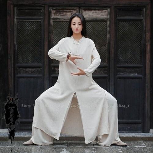 Traditional Chinese Hanfu Tang Suit Kung Fu Long Robes Women Linen Retro Dress Zen Tea Art Outfits Performance Cosplay Costumes