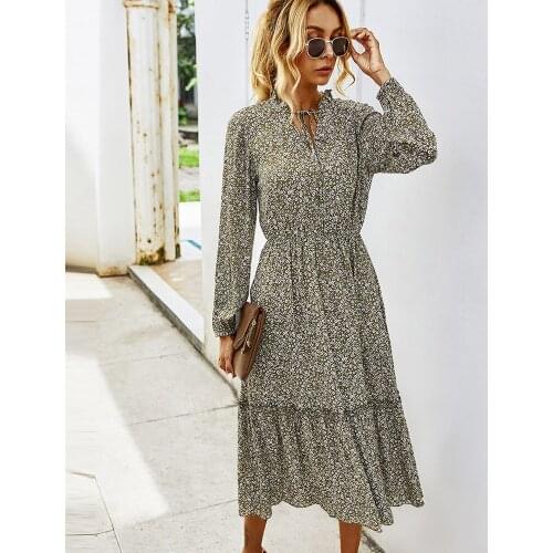 Women Casual Autumn Dress Lady Vintage Floral Printed Shirt Dress Long Sleeve Bow Midi Summer Vestido Dress Maxi For Women