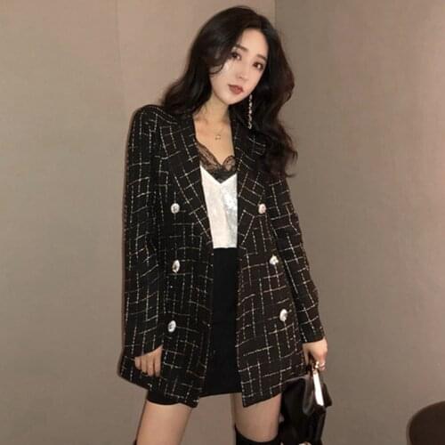Blazer feminino autumn and winter new style commuter blazer womens mid-length plaid double-breasted slim womens blazers