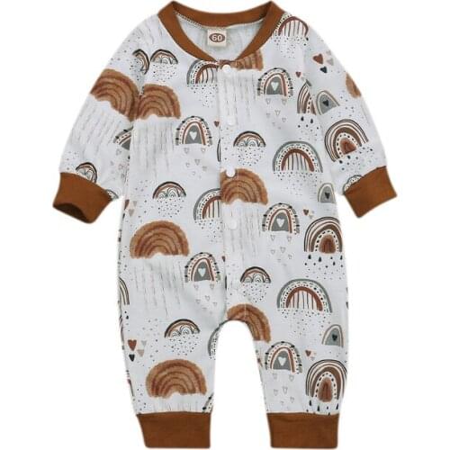 0-18M Newborn Baby Girls Boys Rainbow Long Sleeve Jumpsuit Round Neck Button Front One-piece Spring Autumn Rompers