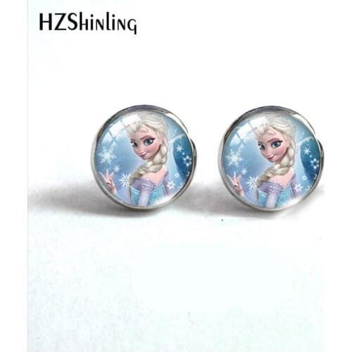2021 New Fashion Kawaii Fairy Stories Sweety Disney Princess Glass Dome Round Stud Earrings Handcraft Stainless Steel Earrings