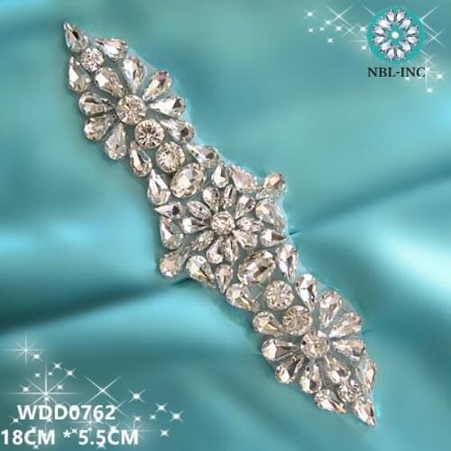 30PCS) Wholesale handmade beaded bridal silver clear crystal rhinestone applique for wedding dresses sash DIY iron on WDD0762