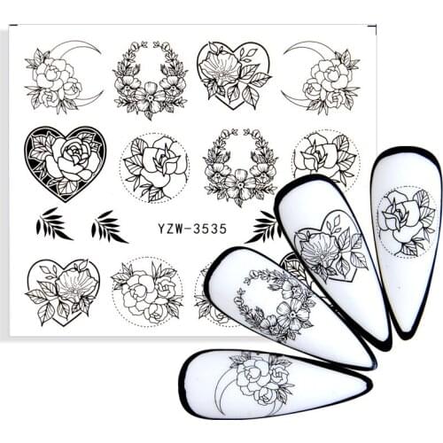 3D Black White Flower Leaf Nail Art Sticker Abstract Geometric Animal Panda Watermark Tattoo Nail Decal Manicure Decoration Tips