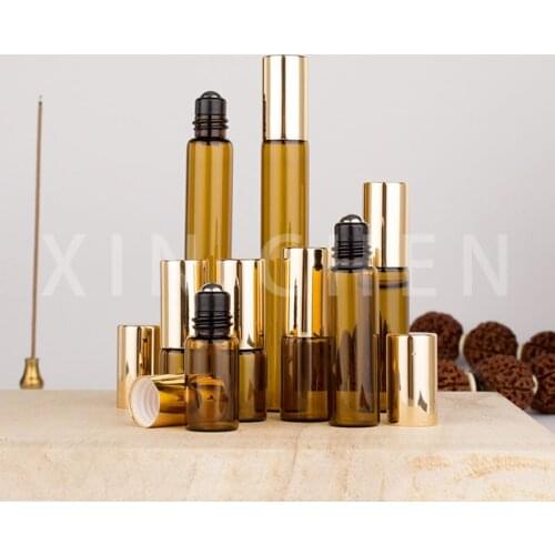 5pcs Amber Roll on Roller Bottle for Essential Oil Refillable Perfume Bottle Empty Glass Container Makeup Vials 1/2/3/5/10ml