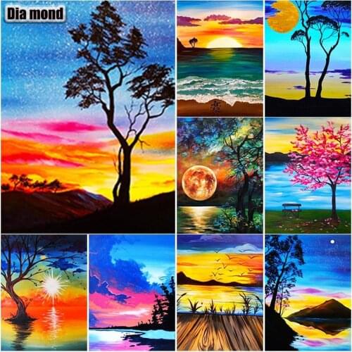 5D DIY Scenery Diamond Painting Sunset Tree Diamond Embroidery Cross Stitch Full Square Round Drill Manual Gift Home Decor