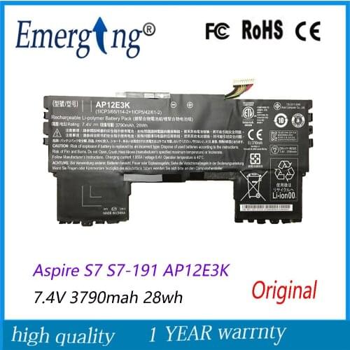 7.4V 3790mAH 28WH Original New High Quality ap12e3k Laptop Battery for Acer Aspire S7 S7-191 AP12E3K