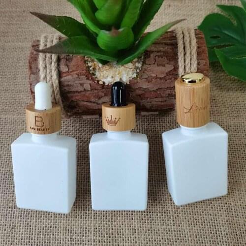 30ML Elegant White Glass Essential Oil Bottle, DIY Square Dropper Bottle,High-end Liquid Refillable Bottle with bamboo dropper
