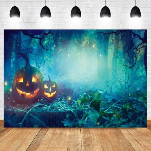 Halloween Autumn Dark Forest Light Bokeh Pumpkin Spooky Face Kids Child Shoot Party Photography Background Photographic Backdrop