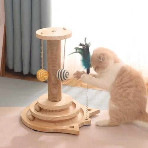 Pet Toy Interactive Cat Toy Scratching Post Two Layer Turntable Balls Wooden Funny Safe for Kitten Puppy Playing Exercise