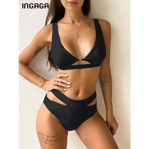 INGAGA High Waist Swimwear Cut Out Bikini Solid Womens Swimsuits 2021 Push Up Bathing Suits Sexy Biquini Summer New Beachwear