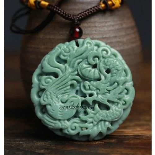 Chinese Lantian Jade Green Dragon Phoenix Pendant Necklace Jewellery Fashion Lucky Amulet Luck Gifts Women Man Sweater Chain