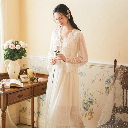 Long-Sleeved Nightgown Female Modal Nightdress Noble Court-Style Two-Pieces Robe Suit Women Gowns Sets For Autumn Winter