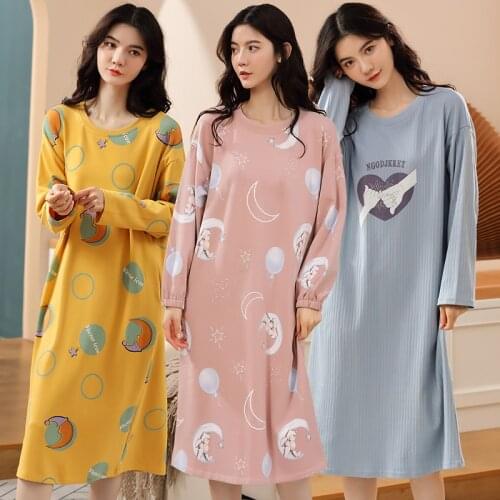 2021 New Autumn Long Sleeve 100% Cotton Nightgowns for Women Korean Loose Sleepwear Long Dress Night Gown Nightdress Home Nighty