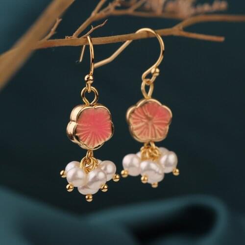 NEW Pink Flower small earrings Vintage Delicate Freshwater pearl Drop earrings Ethnic cloisonne Chinese style Jewelry for women