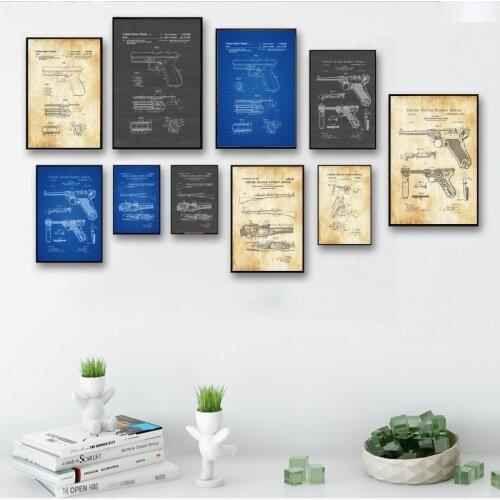 Glock Pistol Luger Pistol M1 Garand Rifle Machine Hand Guard Smith Wesson Thompson Winchester Blueprint Canvas Poster NoFrame
