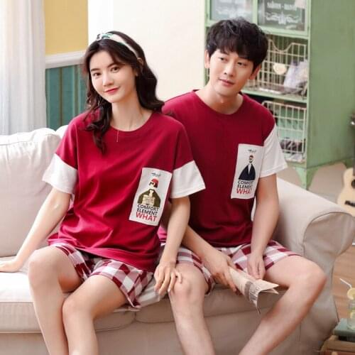 Women and men new Korean cotton summer couple fresh and comfortable short sleeve shorts two piece pajama sets pajama set pajamas