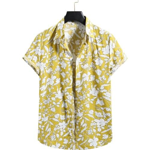 New Vintage Flower Hawaiian Shirt Men Cotton Linen Shirts Print Short Sleeve Button Shirt Blouse Top Vetement Homme 2021