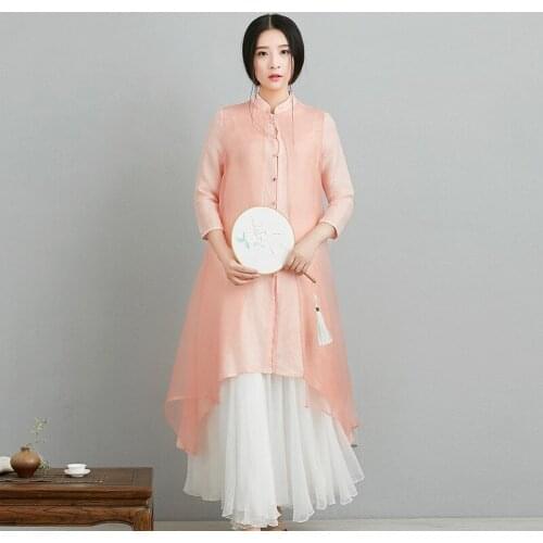 Spring and summer tea dress womens Chinese style womens silk hemp dress Zen Art irregular dress