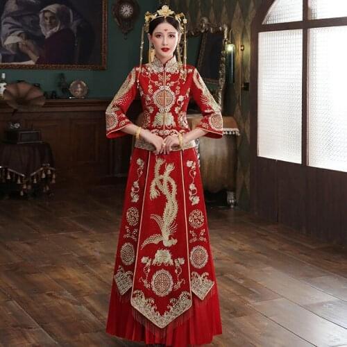 High-end Oriental Style Wedding Dress Embroidery Phoenix Banquet Costume Classic Cheongsam China Qipao костюм для восточных