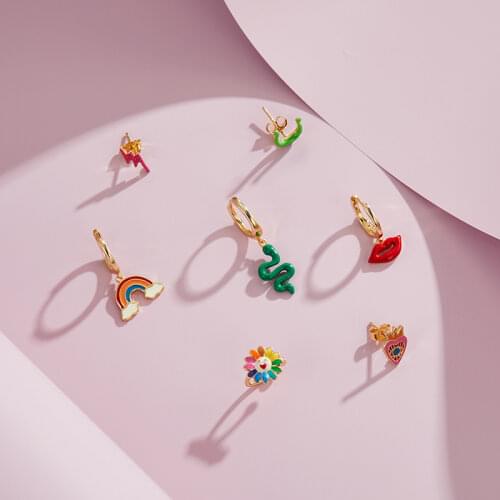 WOSTU 925 Sterling Silver Love Eye Earrings Colorful Enamel Lip Snake Sunflower Studs Earrings For Women Fashion Silver Jewelry