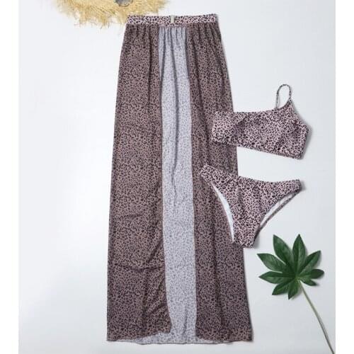 2021 Top Women 3pcs Bikini Set Leopard One Shoulder Swimsuit with Beach Skirt Cover Up