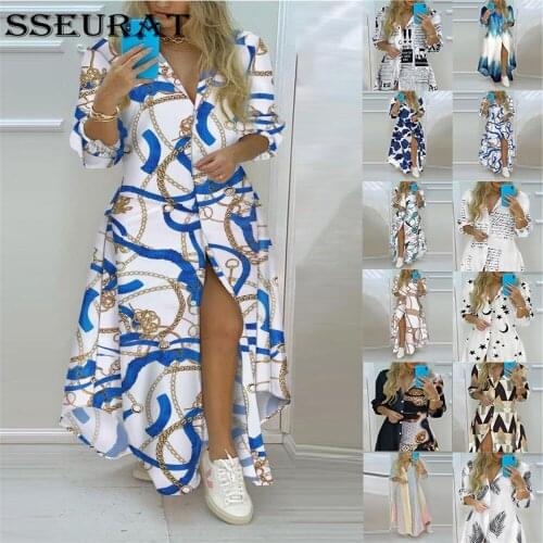 SSEURAT New Women Long Sleeve Print Button Down Maxi Dress